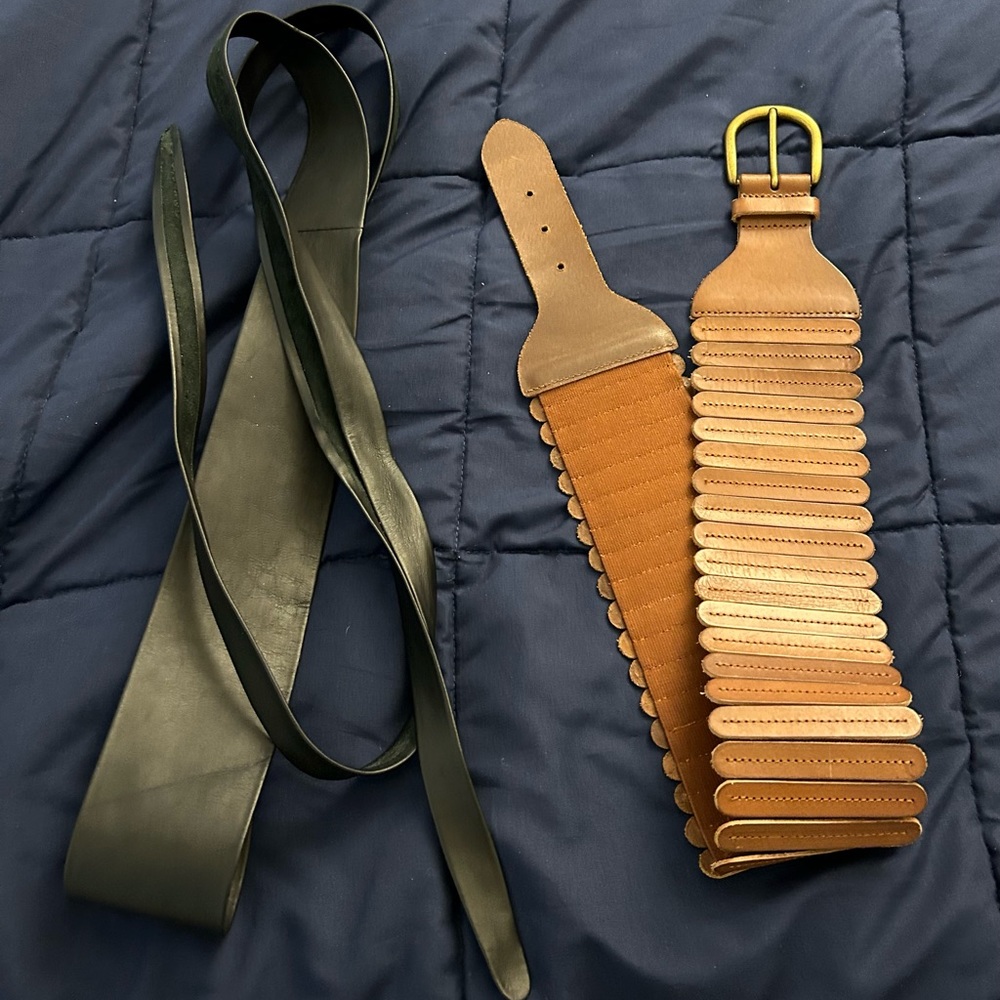 2 leather belts from Anthropologie Black Obi belt OS & Brown wide stretch belt M